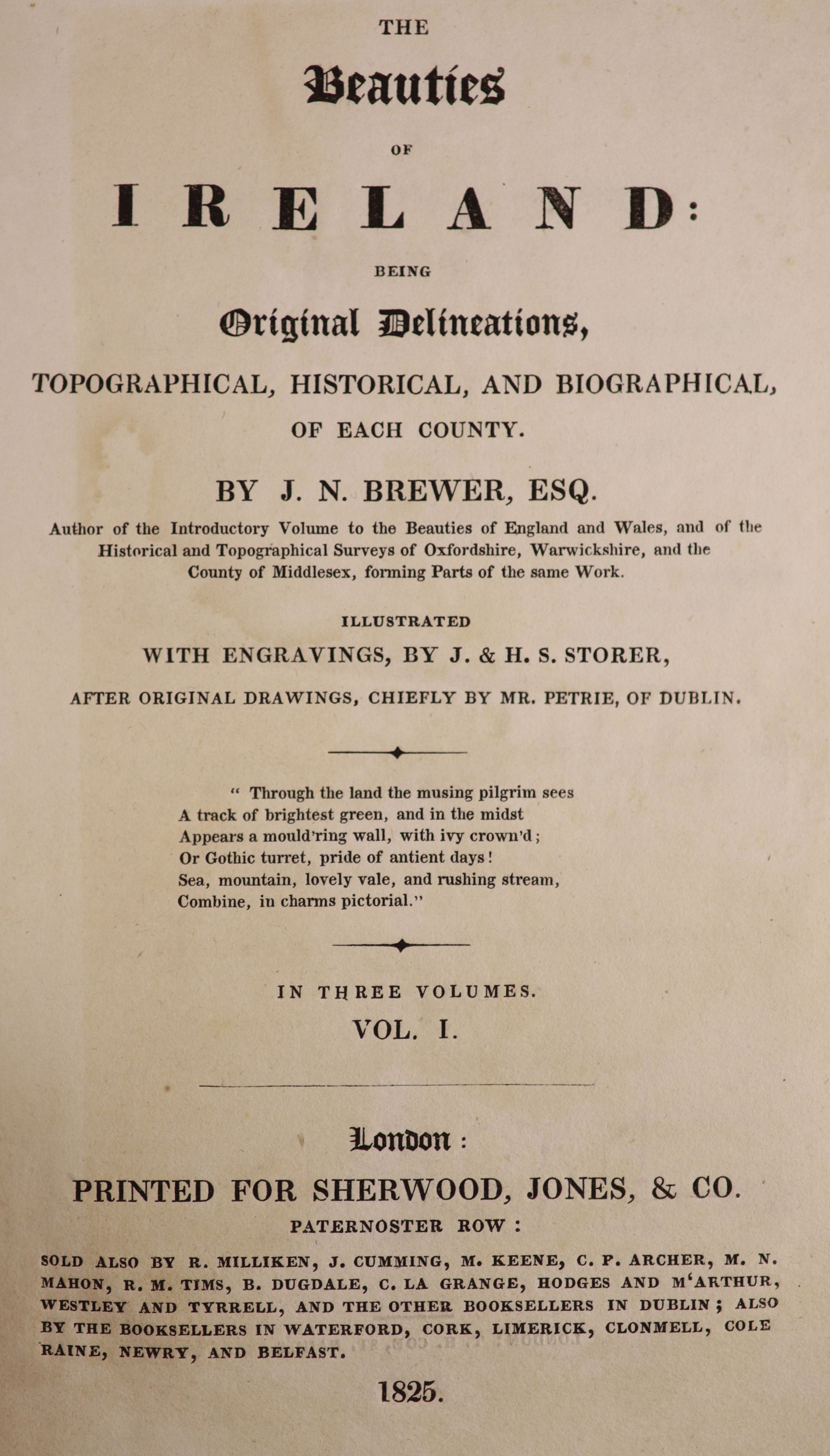 Brewer, James Norris - The Beauties of Ireland, 2 vols, 8vo, quarter cloth, spines sunned and poorly repaired, with 2 frontispieces and 2 plates, Sherwood, Jones & Co., London, 1825-26